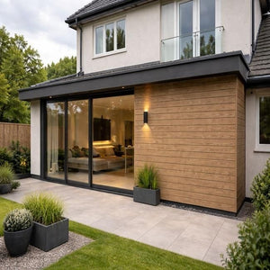 Wood-effect teak cladding for exterior facades and garden walls